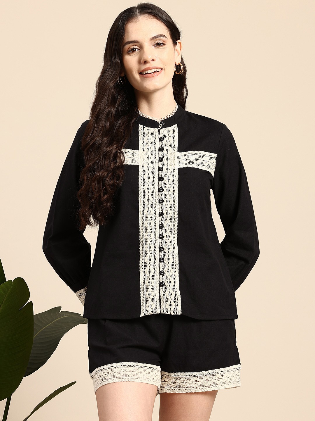 

Mast & Harbour Laced Pure Cotton Shirt With Shorts, Black