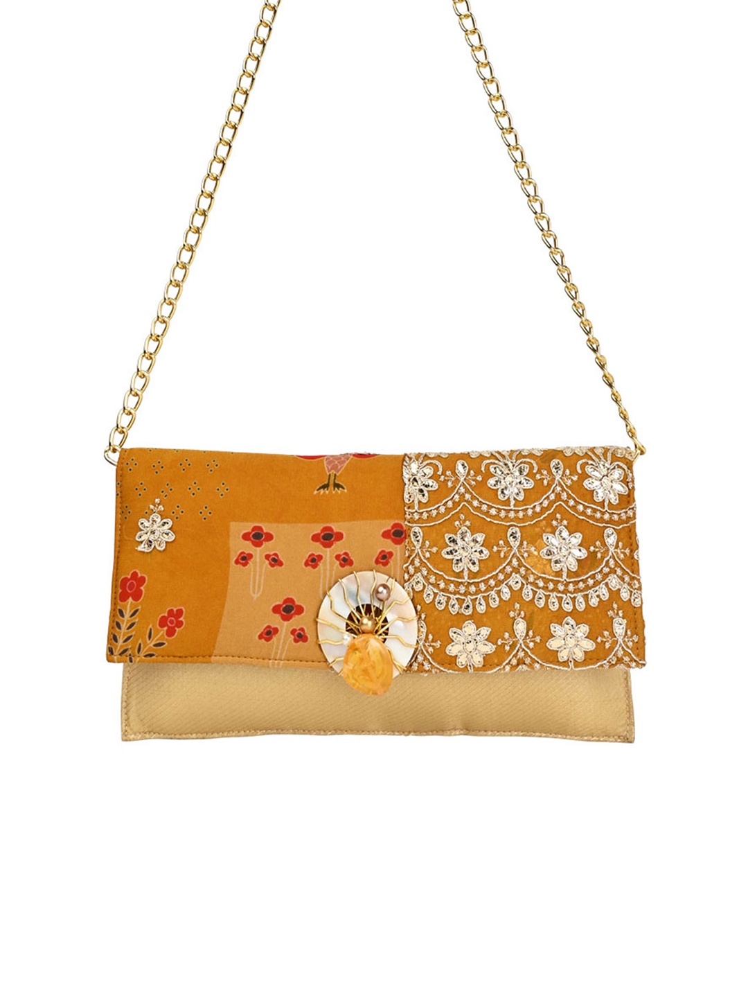 

Rocia Printed Embellished Silk Purse Clutch, Yellow