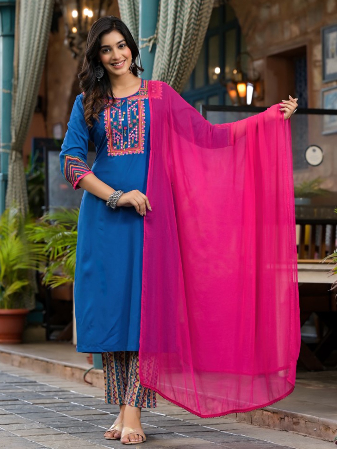 

Juniper Ethnic Motifs Embroidered Mirror Work Straight Kurta With Trousers & Dupatta, Blue