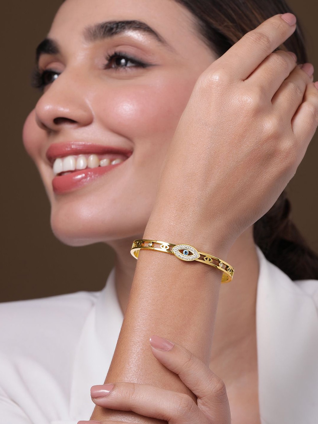 

Rubans 22K Gold Plated Stainless Steel Tarnish-Free Demi-Fine Evil Eye CZ Bracelet