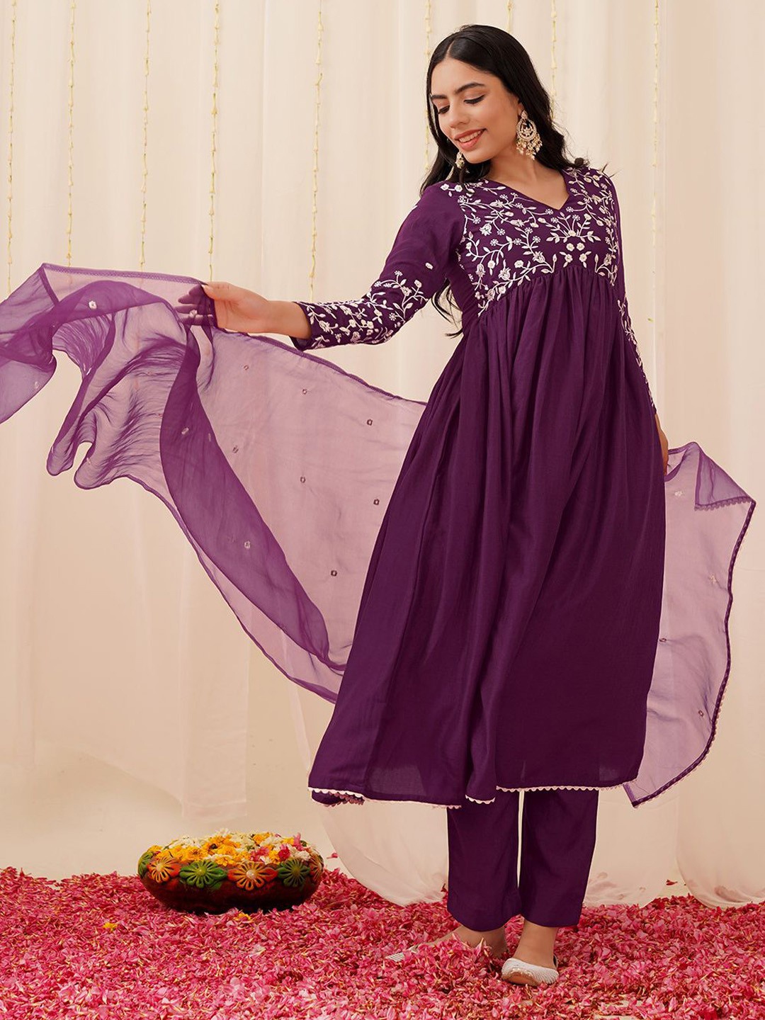 

KALINI Floral Embroidered Empire A-Line Kurta with Trousers & Dupatta, Burgundy