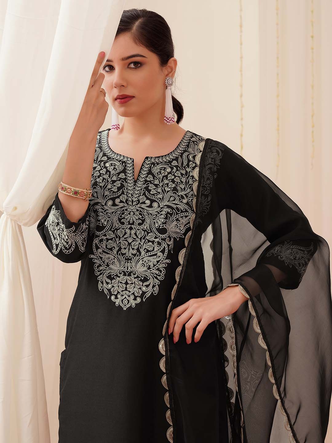 

KALINI Floral Embroidered Straight Kurta with Trousers & Dupatta, Black