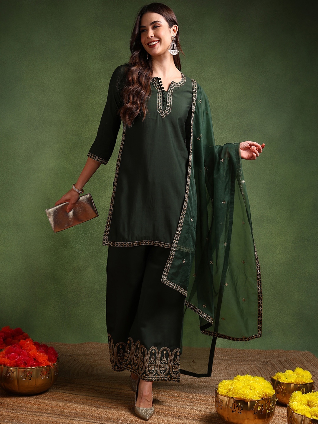 

KALINI Geometric Embroidered Noth Neck Straight Kurta with Palazzo & Dupatta, Green