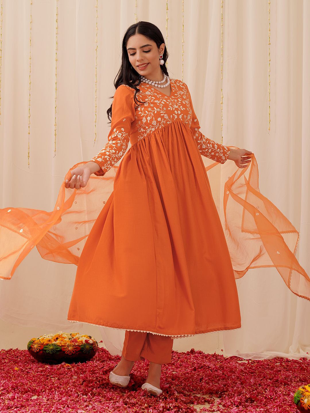 

KALINI Floral Embroidered A-Line Kurta with Trousers & Dupatta, Orange