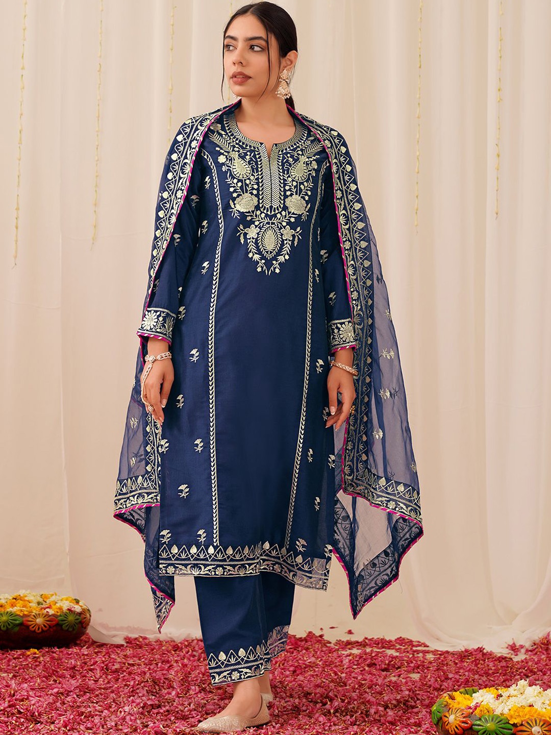 

KALINI Floral Embroidered Notch Neck Straight Kurta With Palazzos & Dupatta, Blue