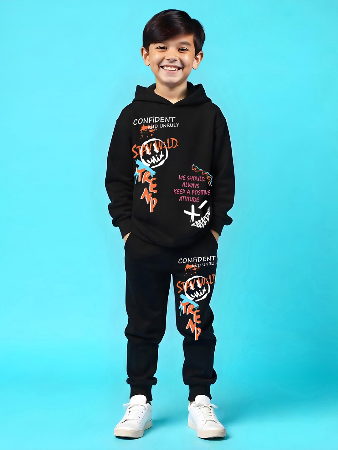 

YK X Trampoline Kids Printed Hooded T-shirt with Trackpant, Black