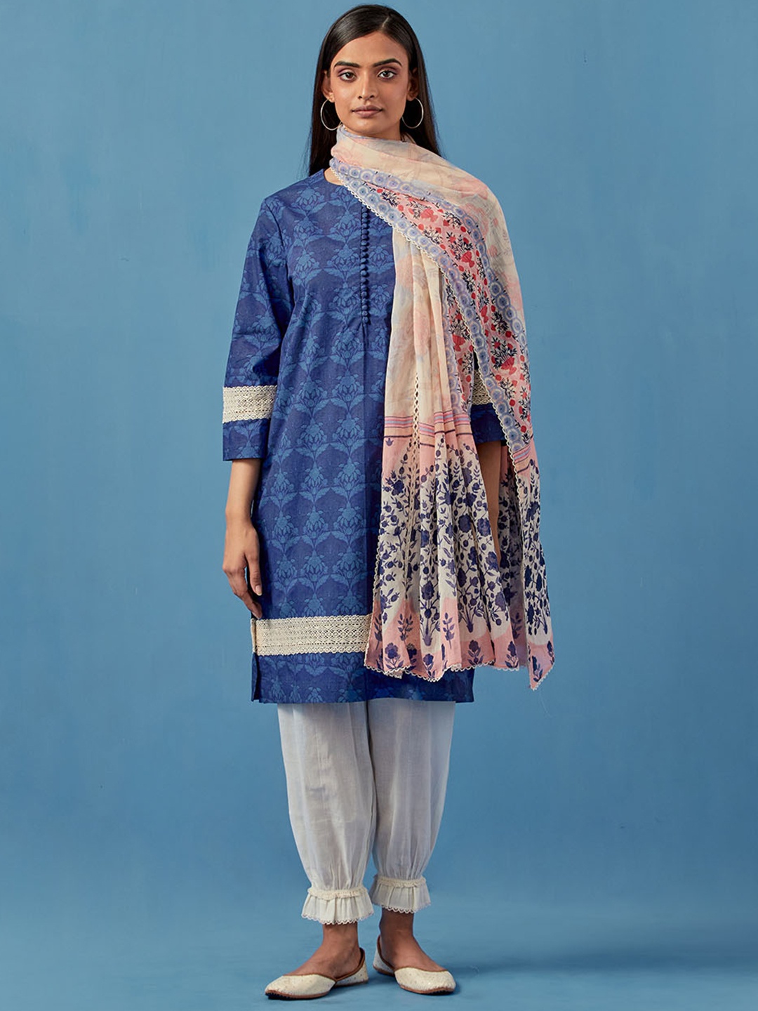 

Sage Saga Floral Printed Regular Pure Cotton Kurta with Salwar & With Dupatta, Blue