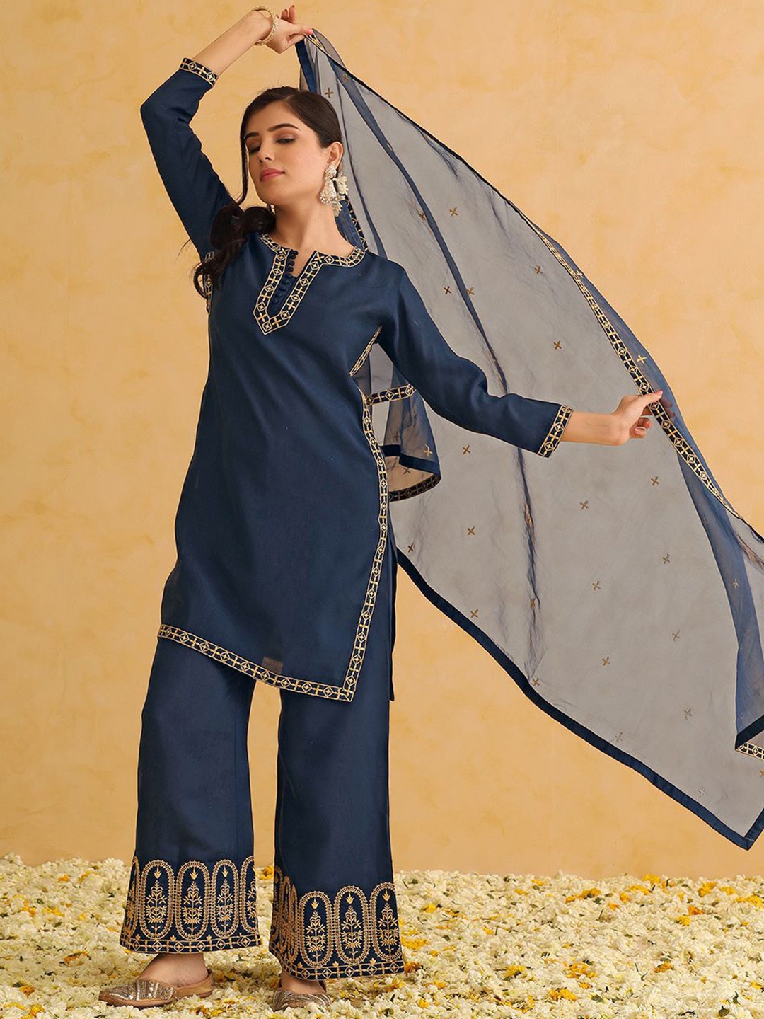 

KALINI Ethnic Motifs Embroidered Straight Kurta with Trousers & Dupatta, Navy blue