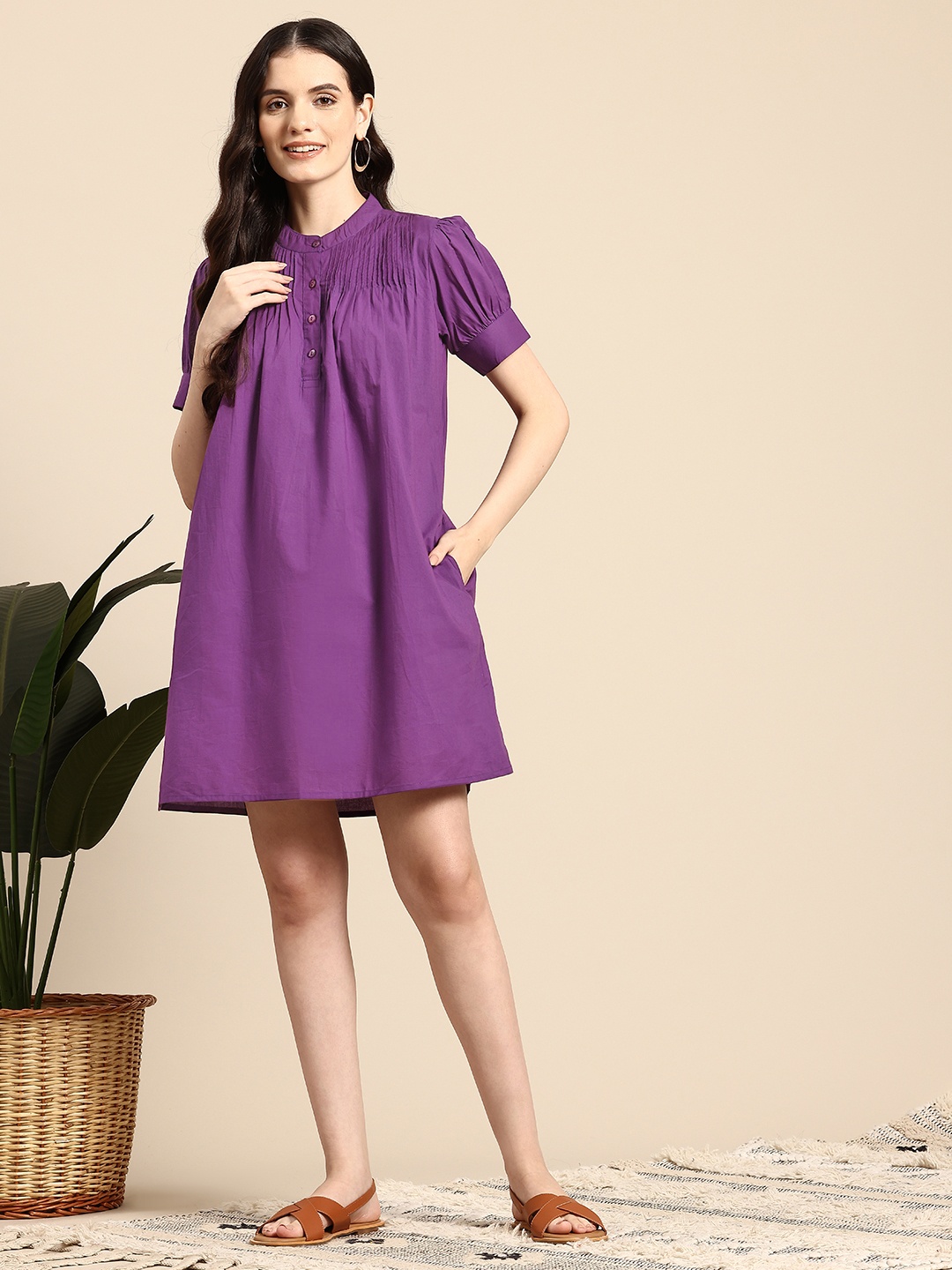 

Mast & Harbour Puff Sleeves Pure Cotton A-Line Mini Dress, Purple