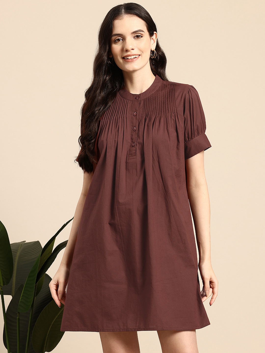 

Mast & Harbour Puff Sleeves Pure Cotton A-Line Mini Dress, Brown