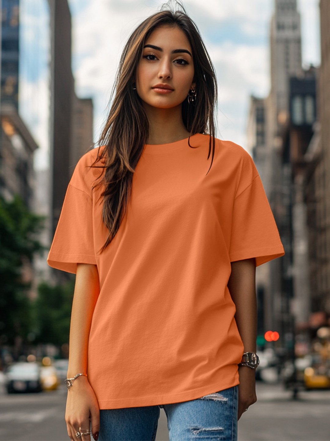 

JUNEBERRY Women Solid Round Neck Pure Cotton Oversized T-shirt, Orange