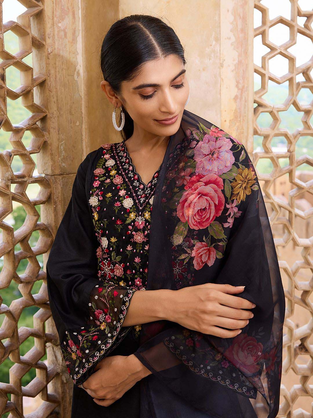 

KALINI Floral Embroidered V-Neck Straight Kurta with Trousers & Dupatta, Black