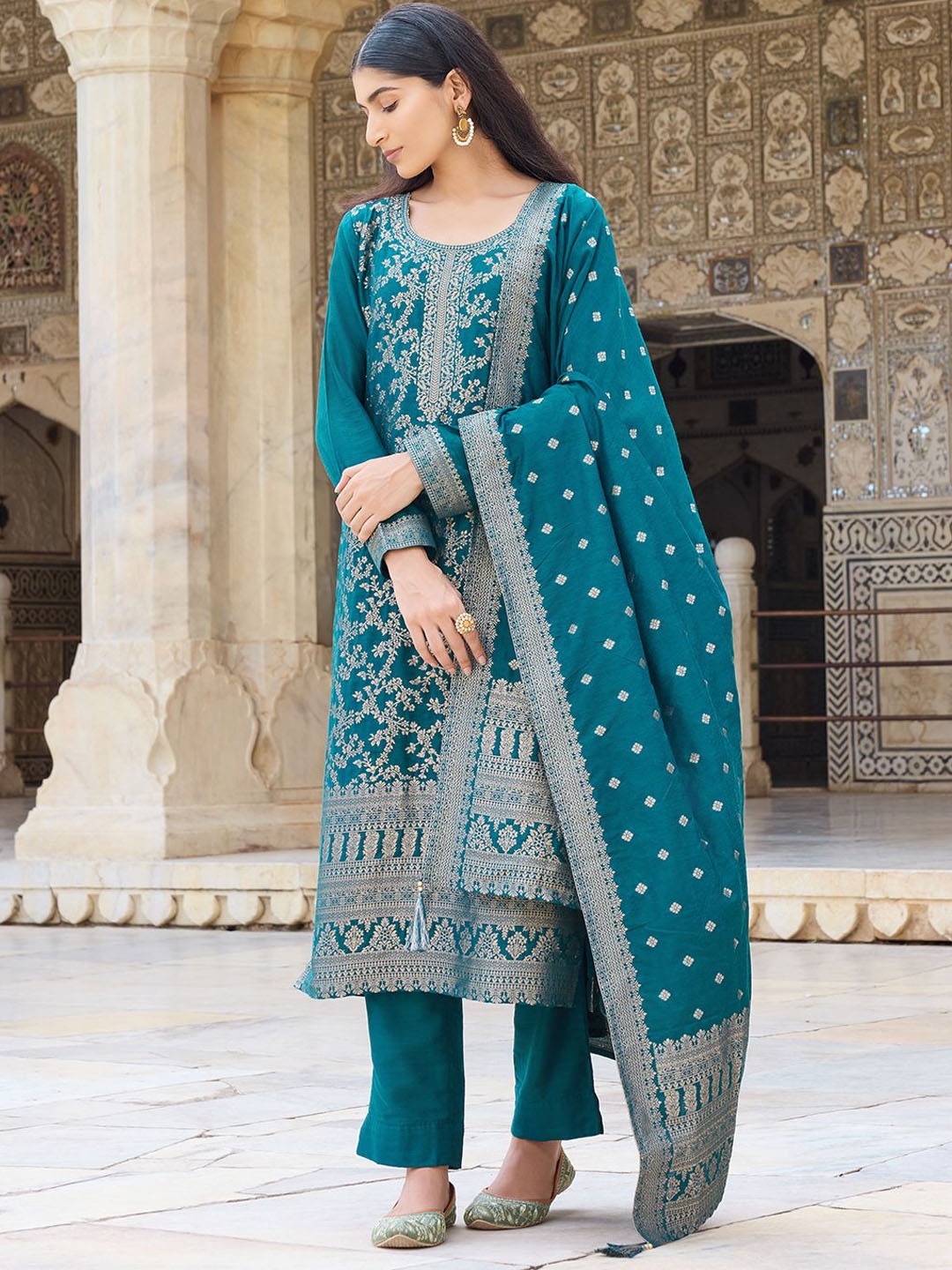 

KALINI Floral Woven Design Straight Kurta with Trousers & Dupatta, Teal