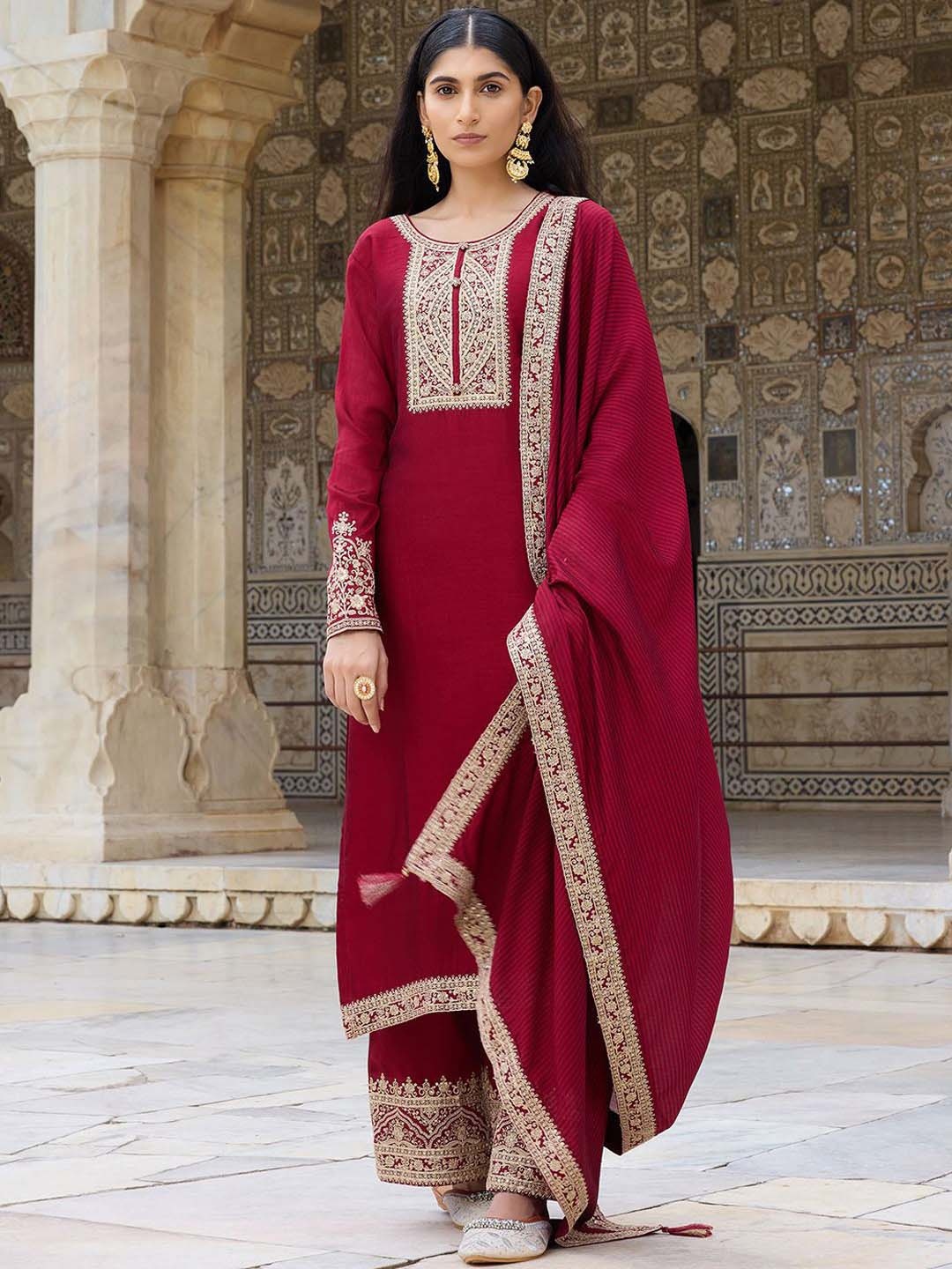 

KALINI Floral Embroidered Straight Kurta with Palazzos & Dupatta, Maroon