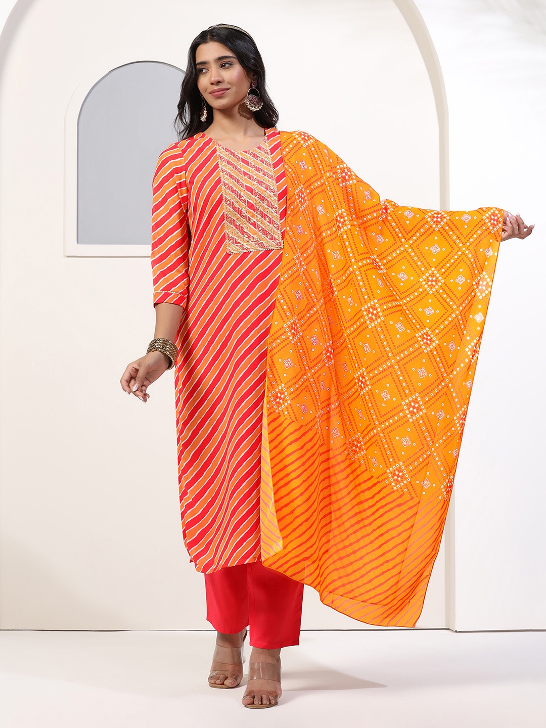 

FASHION DREAM Leheriya Printed Thread Work Georgette Straight Kurta with Salwar & Dupatta, Pink