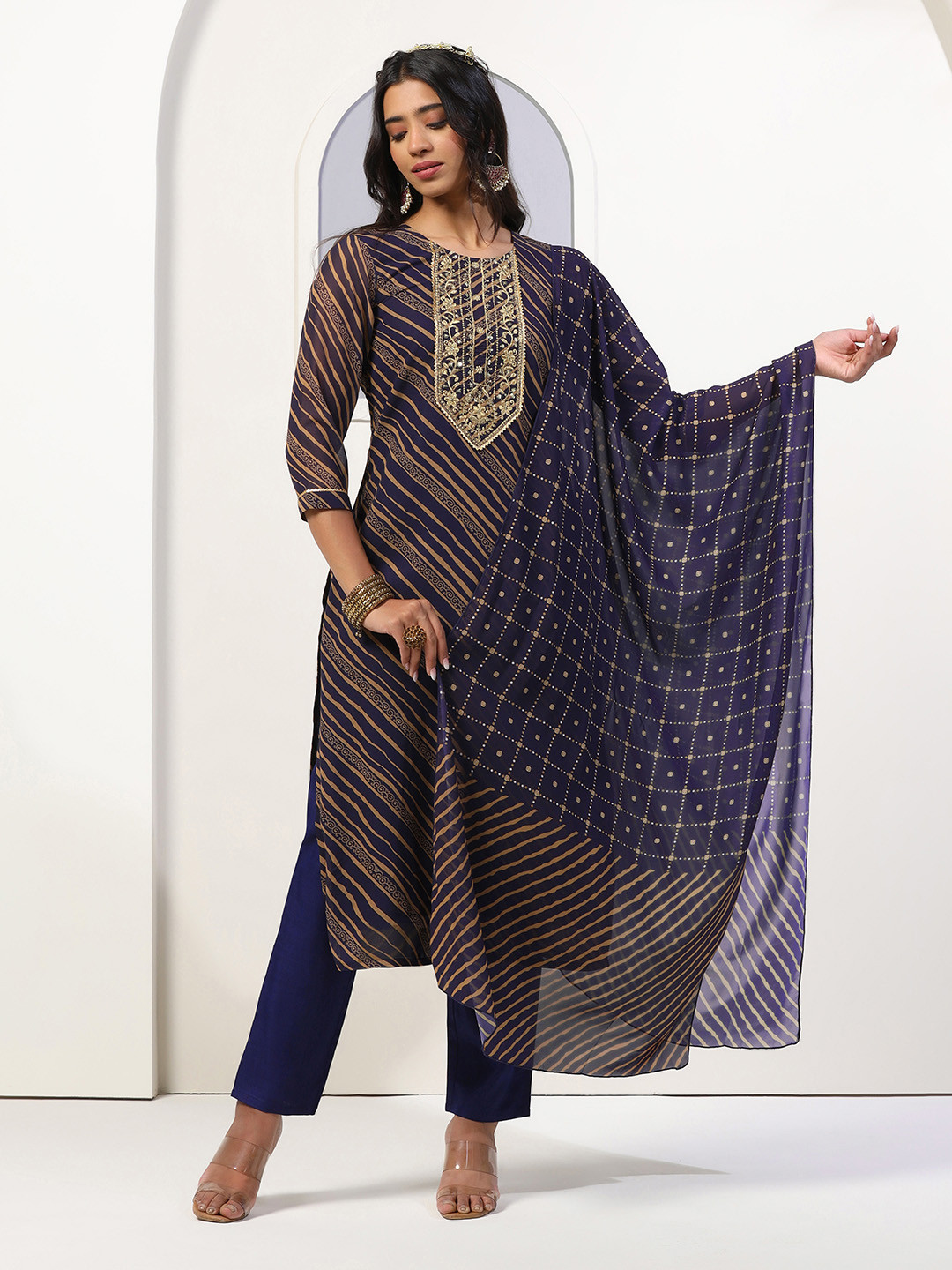 

FASHION DREAM Leheriya Printed Thread Work Georgette Straight Kurta with Salwar & Dupatta, Navy blue
