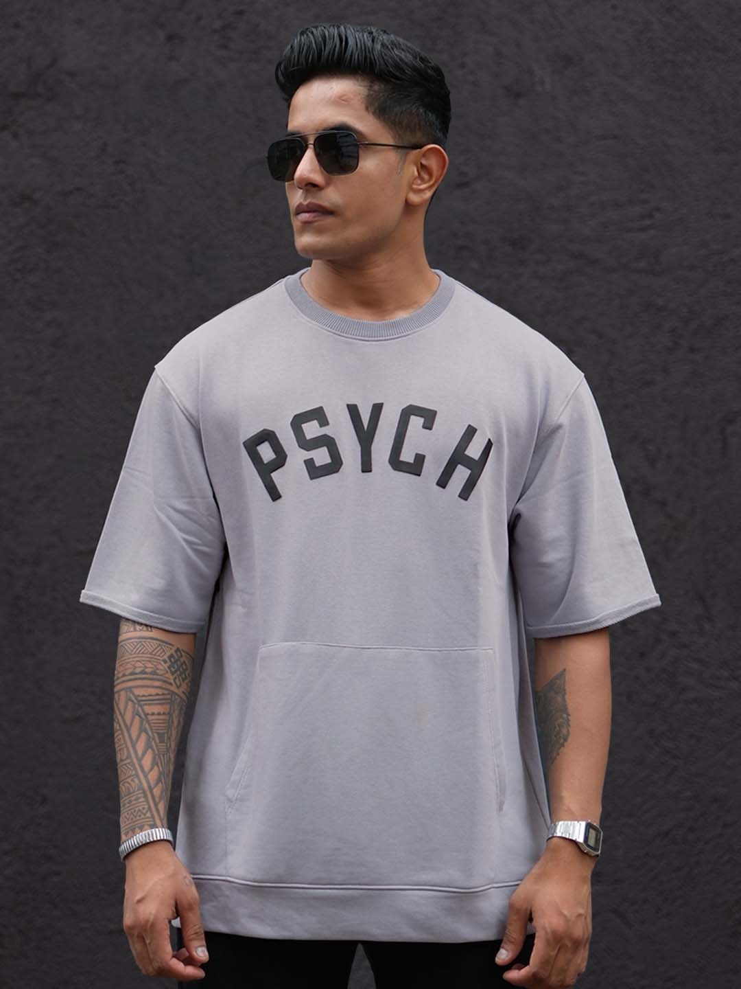 

Powerlook Men Typography Printed Round Neck Cotton Oversized T-shirt, Grey