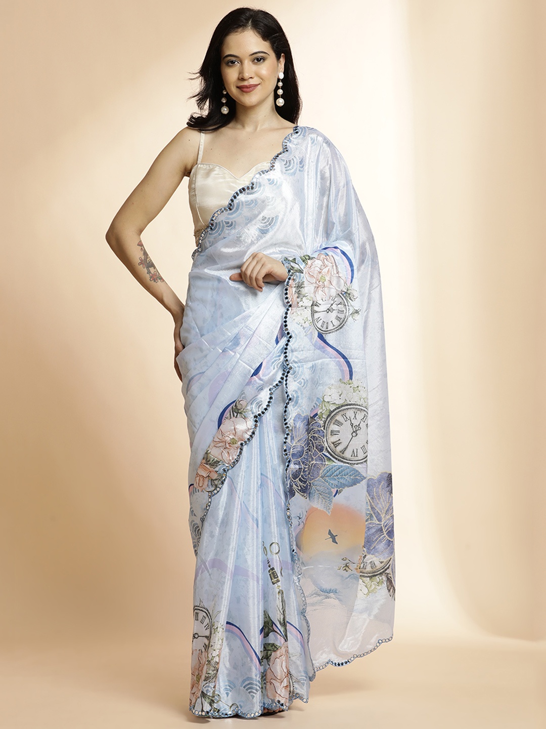 

Jaipur Kurti Mirror Work Satin Saree, Blue