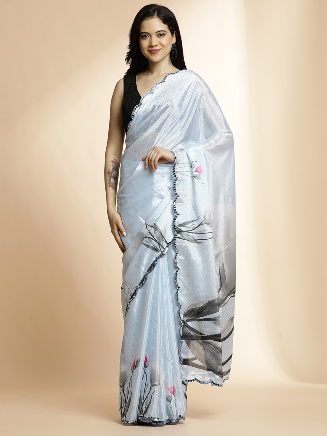 

Jaipur Kurti Floral Mirror Work Printed Saree, Blue