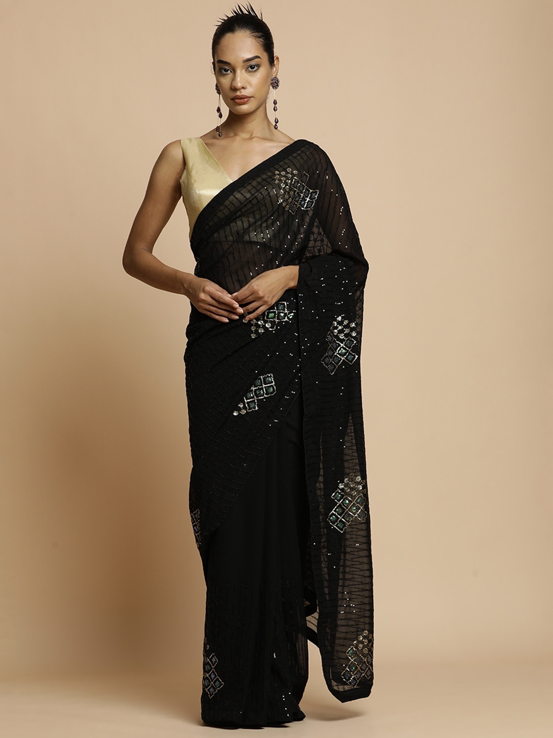 

Jaipur Kurti Embellished Sequinned Pure Georgette Saree, Black