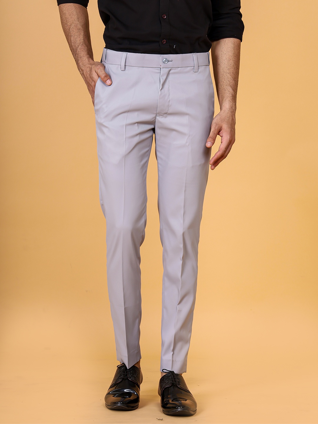 

el cielo Men Smart Slim Fit Easy Wash Trousers, Grey