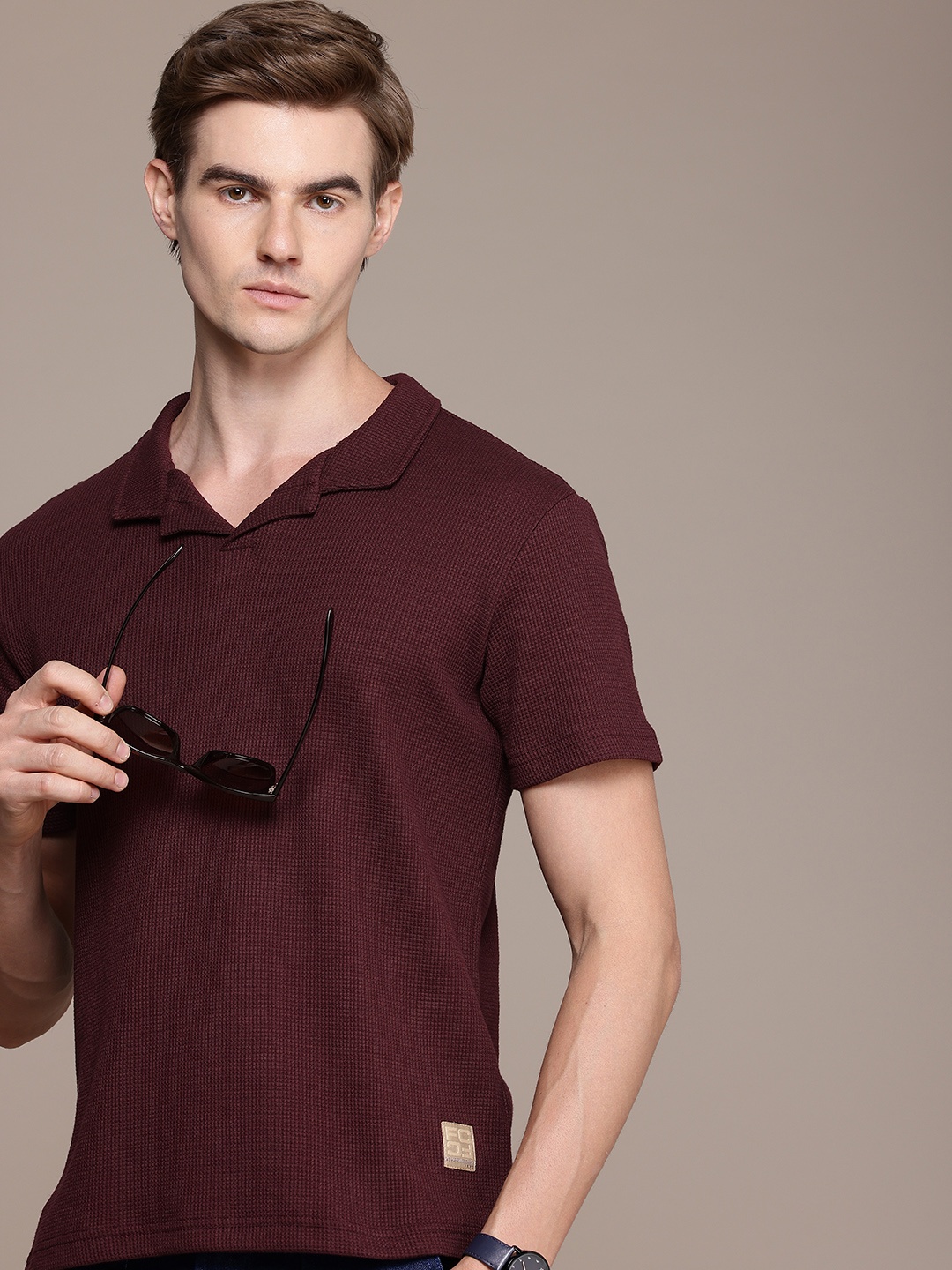

French Connection Men Polo Collar Pure Cotton Bio Finish T-shirt, Burgundy