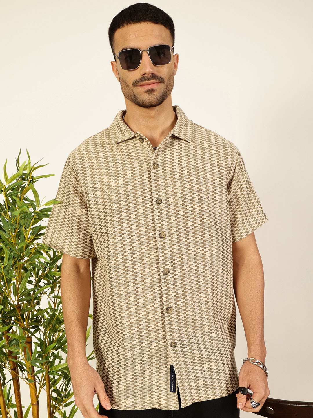 

Thomas Scott Men Premium Slim Fit Semi Sheer Striped Casual Shirt, Olive