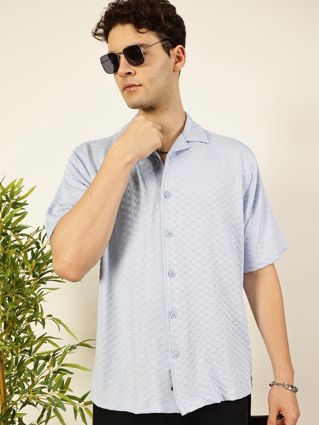 

Thomas Scott Men Premium Cuban Collar Textured Solid Cotton Relaxed Fit Casual Shirt, Blue