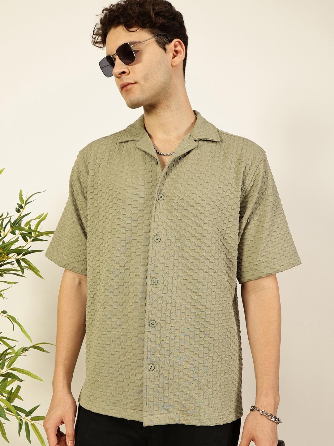 

Thomas Scott Men Premium Cuban Collar Textured Solid Cotton Relaxed Fit Casual Shirt, Green