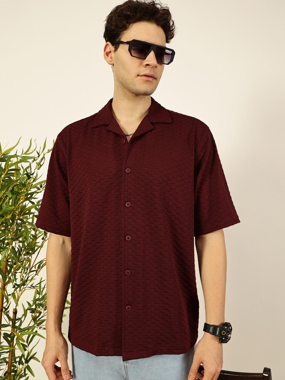 

Thomas Scott Men Premium Cuban Collar Textured Solid Cotton Relaxed Fit Casual Shirt, Maroon