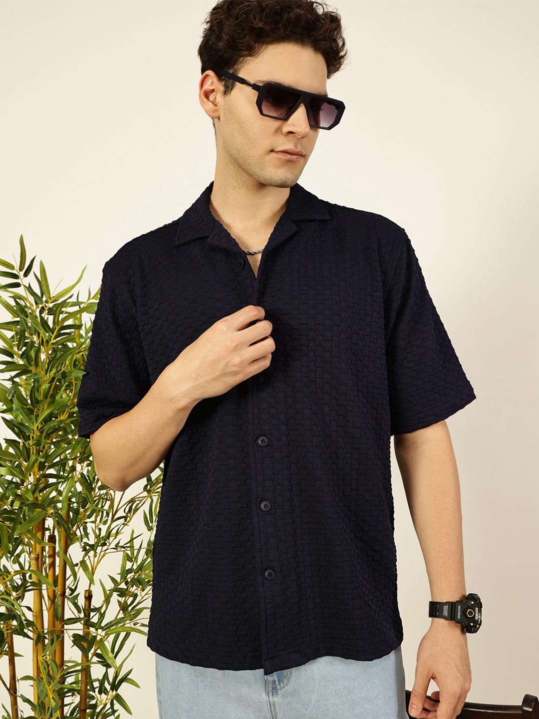 

Thomas Scott Men Premium Cuban Collar Textured Cotton Relaxed Fit Casual Shirt, Navy blue