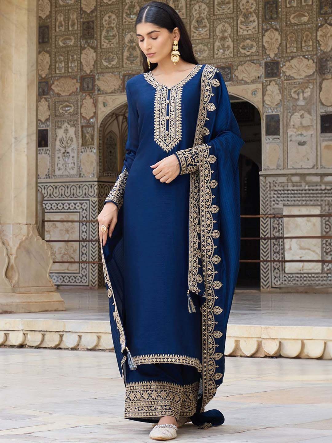 

AHIKA Ethnic Motifs Embroidered Straight Kurta With Palazzos & Dupatta, Navy blue