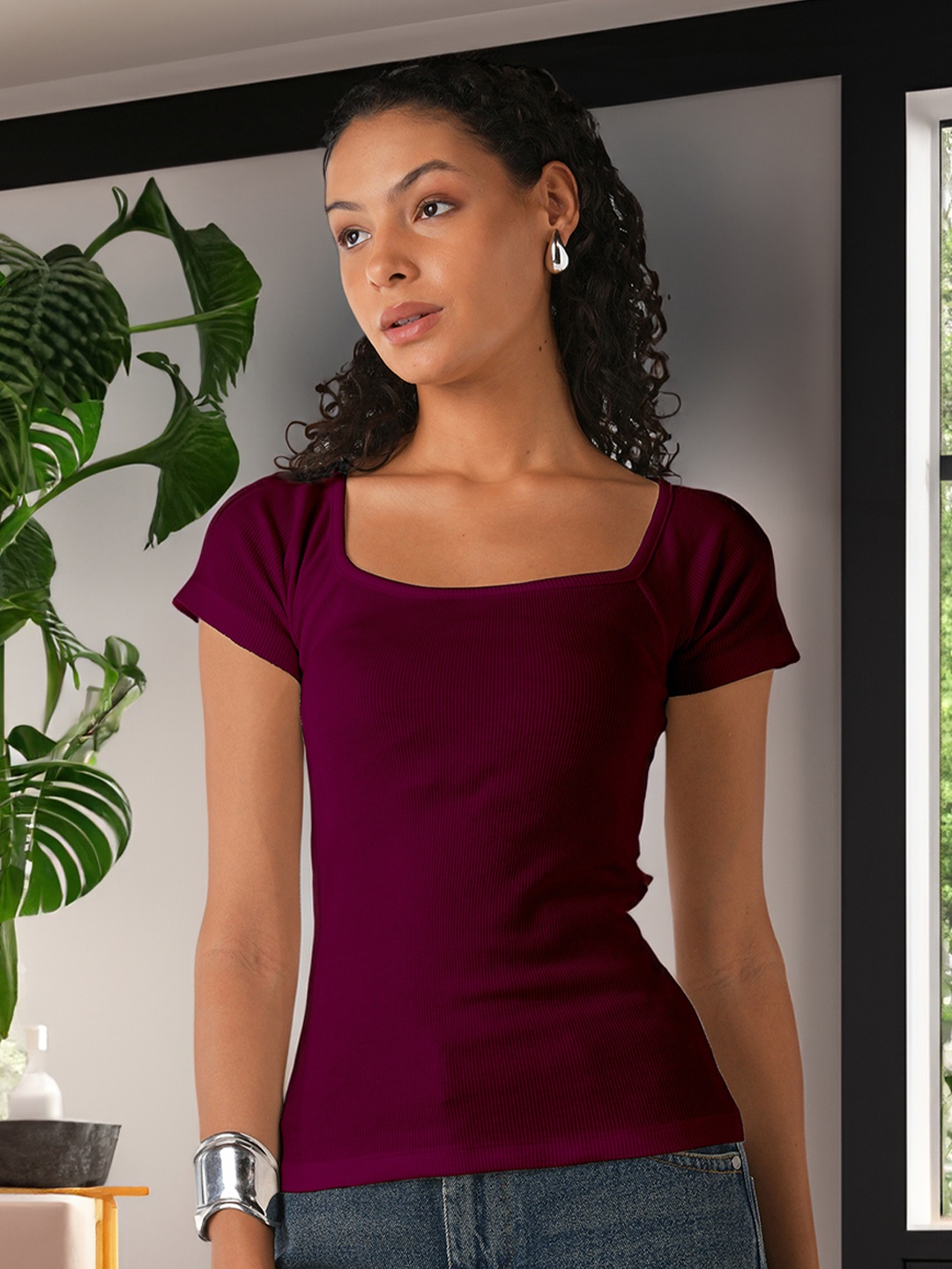 

IZF Women Solid Square Neck Cotton Top, Purple
