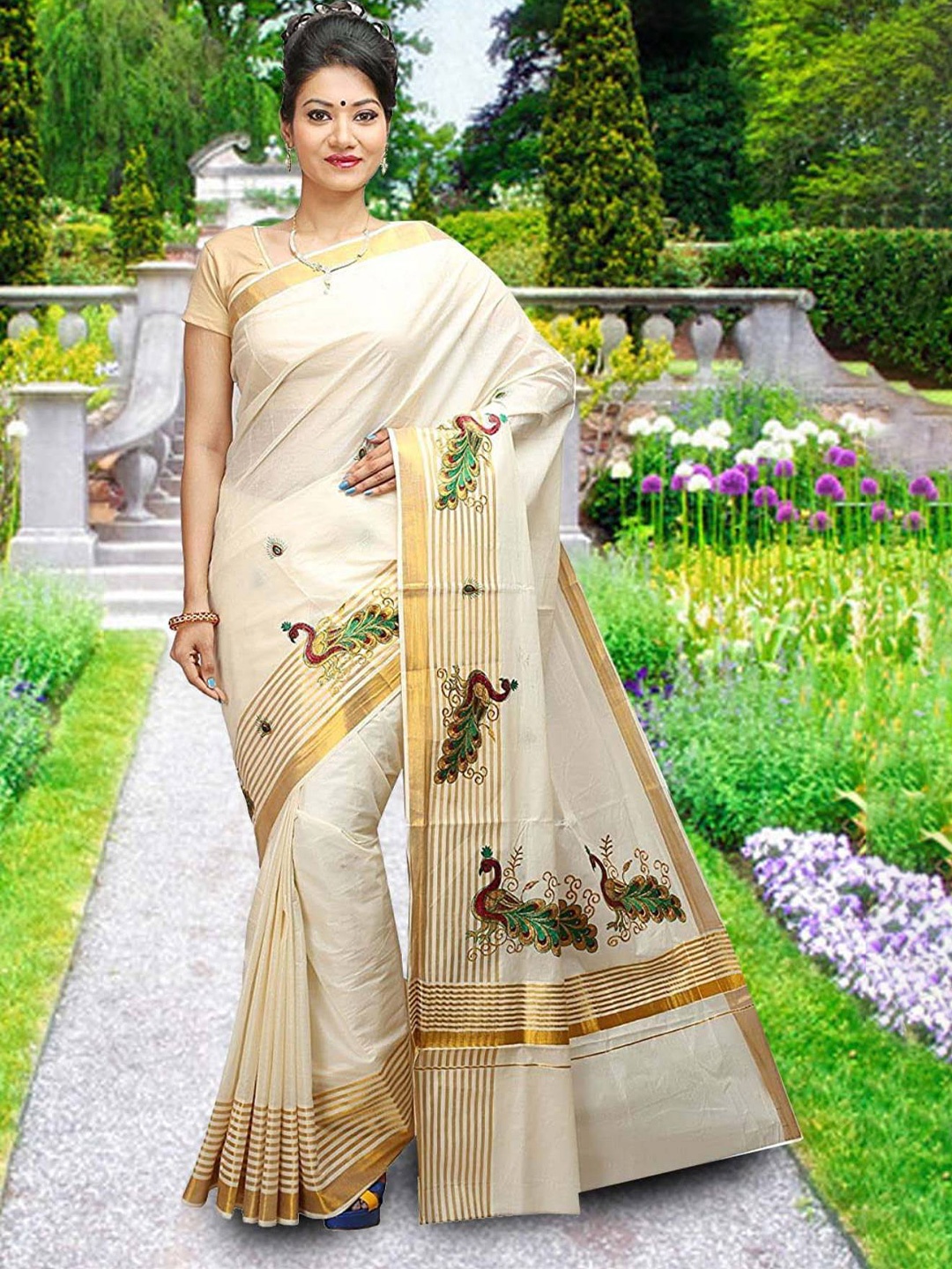 

Rst R Selvamani Tex Ethnic Motifs Zari Pure Cotton Kasavu Saree, Off white