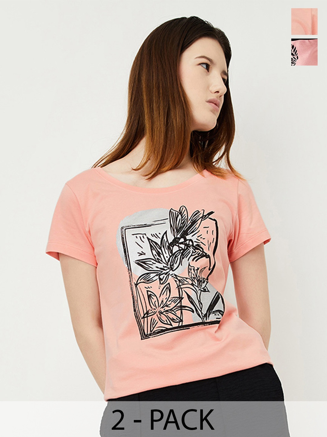 

Max Women Graphic Printed T-Shirt - Pack of 2, Peach