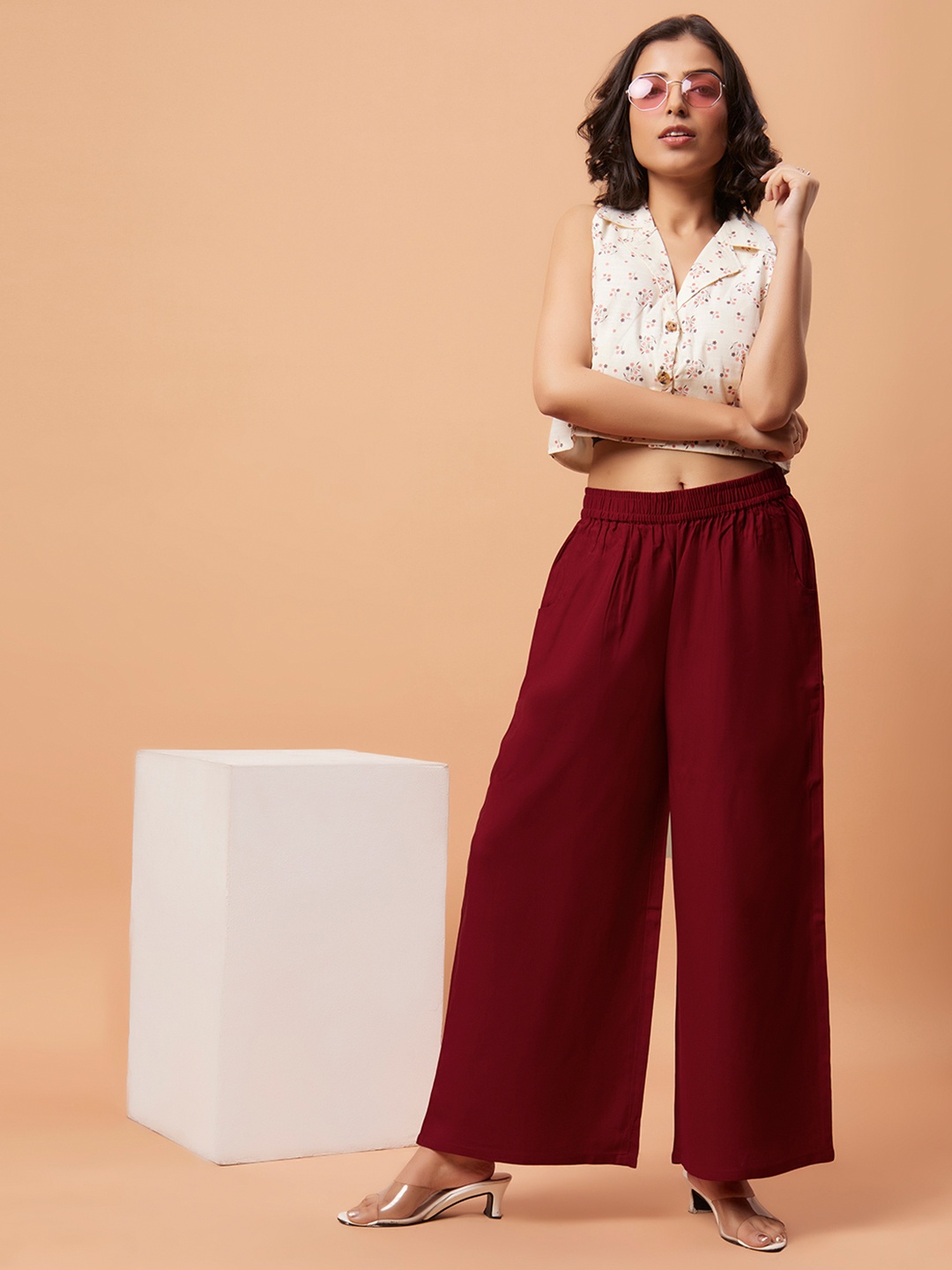 

Bottoms.Love Women Wide Leg Knitted Solid Rayon Palazzos, Maroon