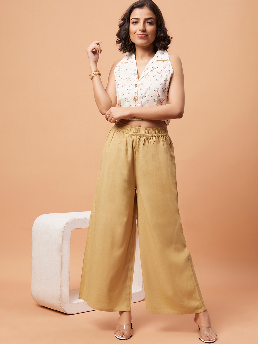 

Bottoms.Love Women Wide Leg Knitted Solid Rayon Palazzos, Beige
