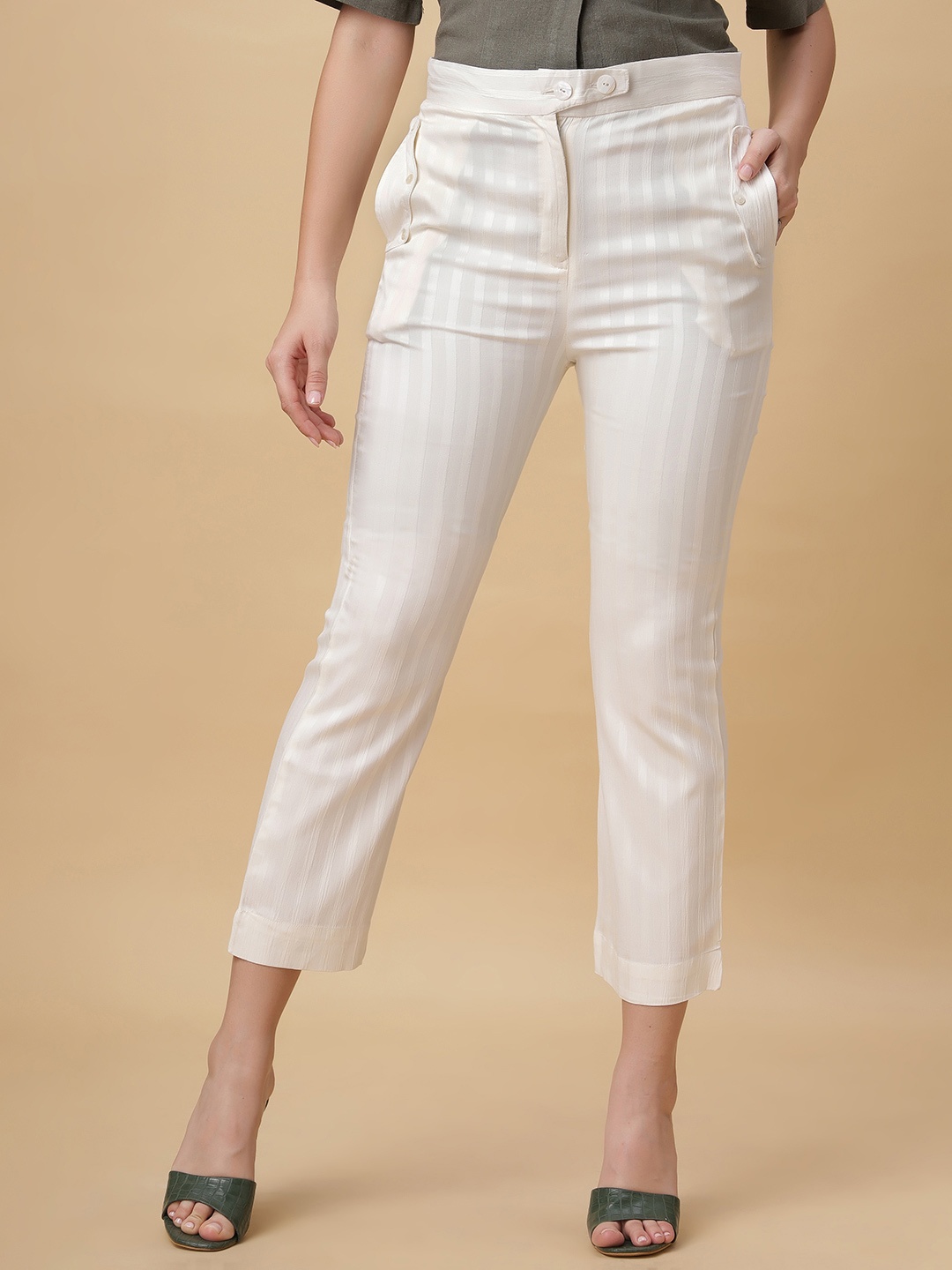 

Bottoms.love Women Striped Mid-Rise Straight Fit Formal Trousers, Peach