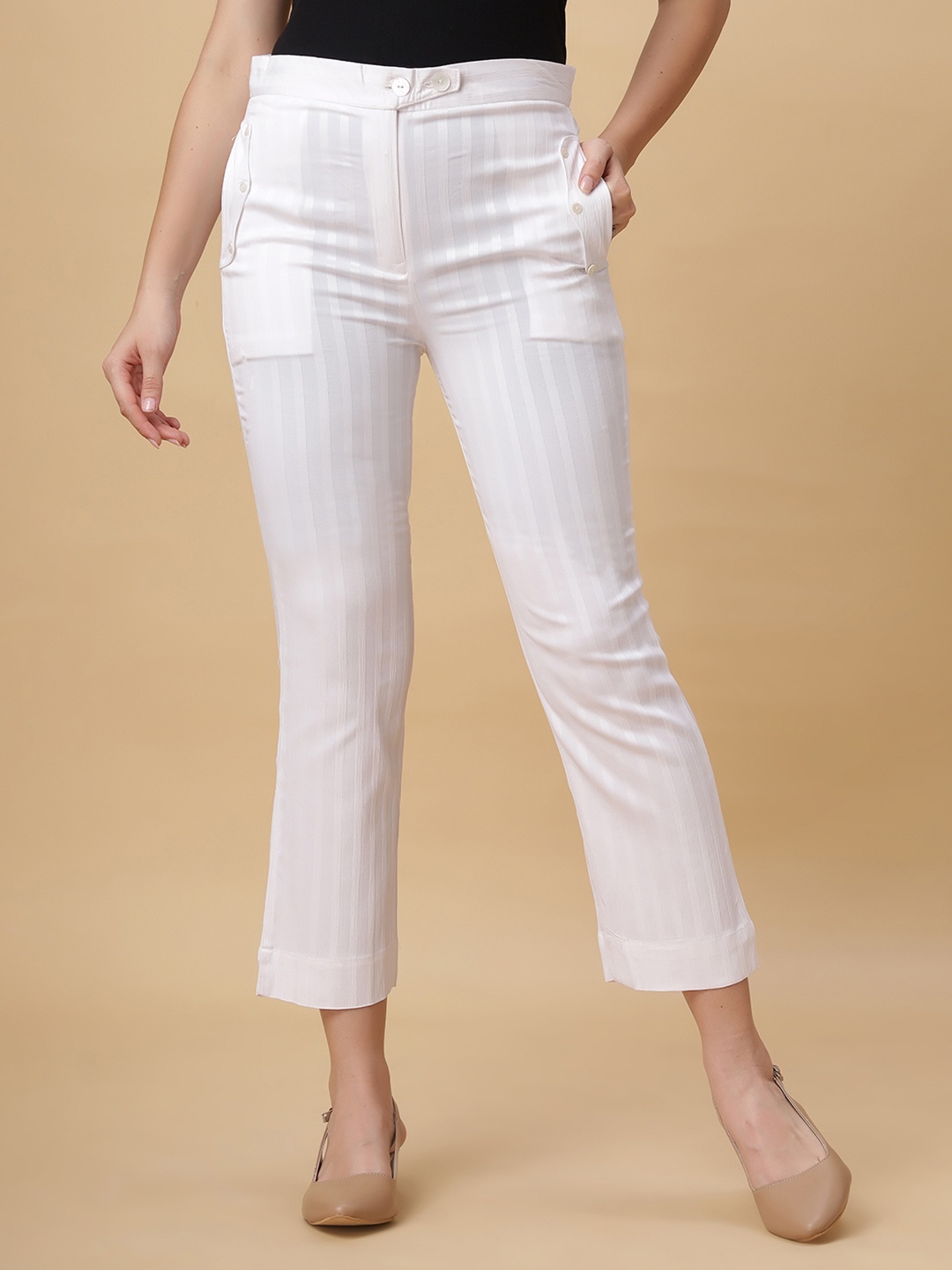 

Bottoms.love Women Striped Mid-Rise Straight Fit Formal Trousers, White