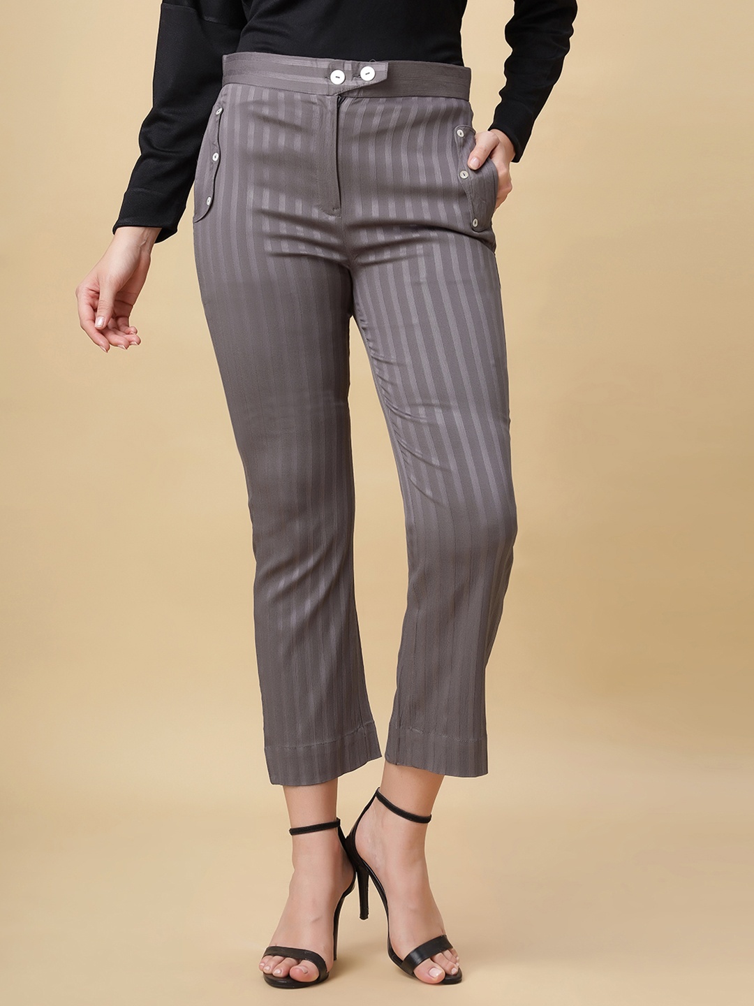 

Bottoms.love Women Striped Mid-Rise Straight Fit Formal Trousers, Charcoal