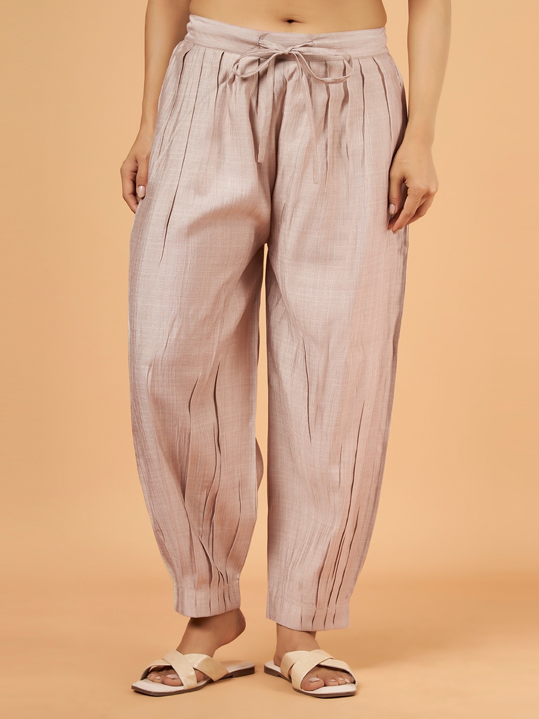 

Bottoms.love Women Mid-Rise Loose Satin Salwar, Beige