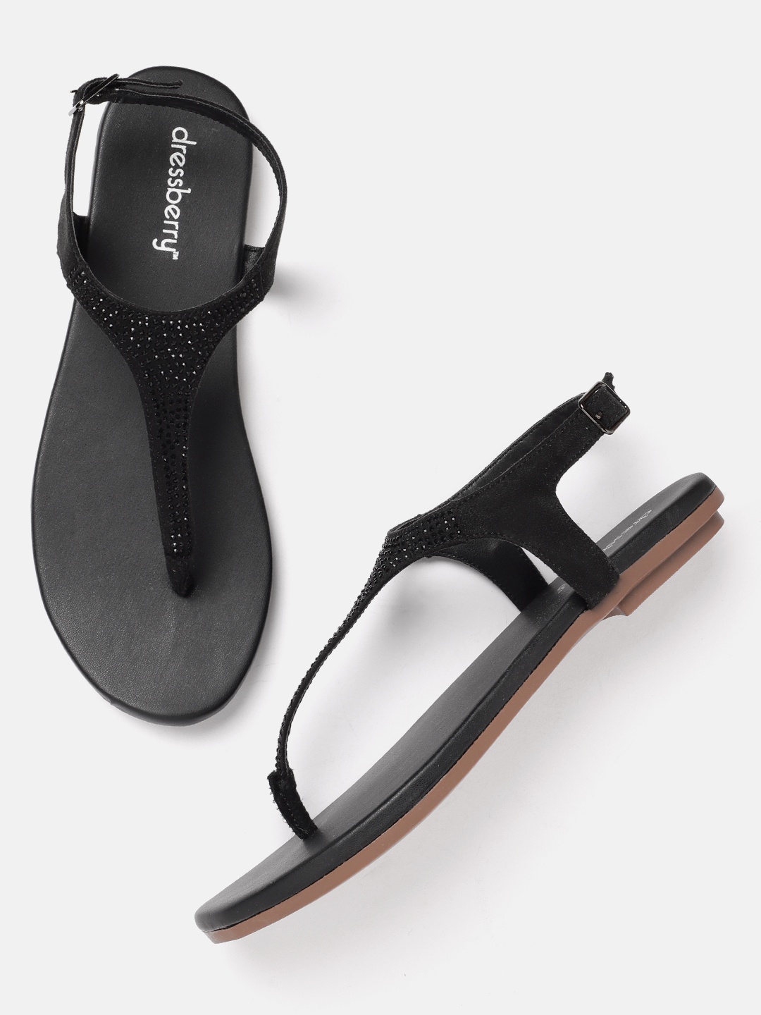 DressBerry Women T-Strap Flats with Western Embellishment, Black