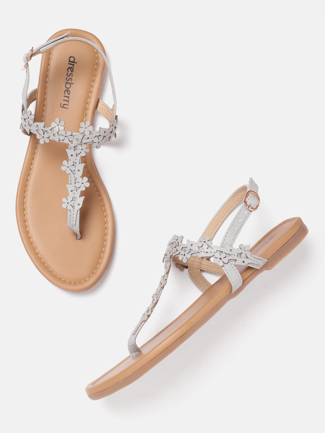 

DressBerry Women Floral T-Strap Flats, Grey