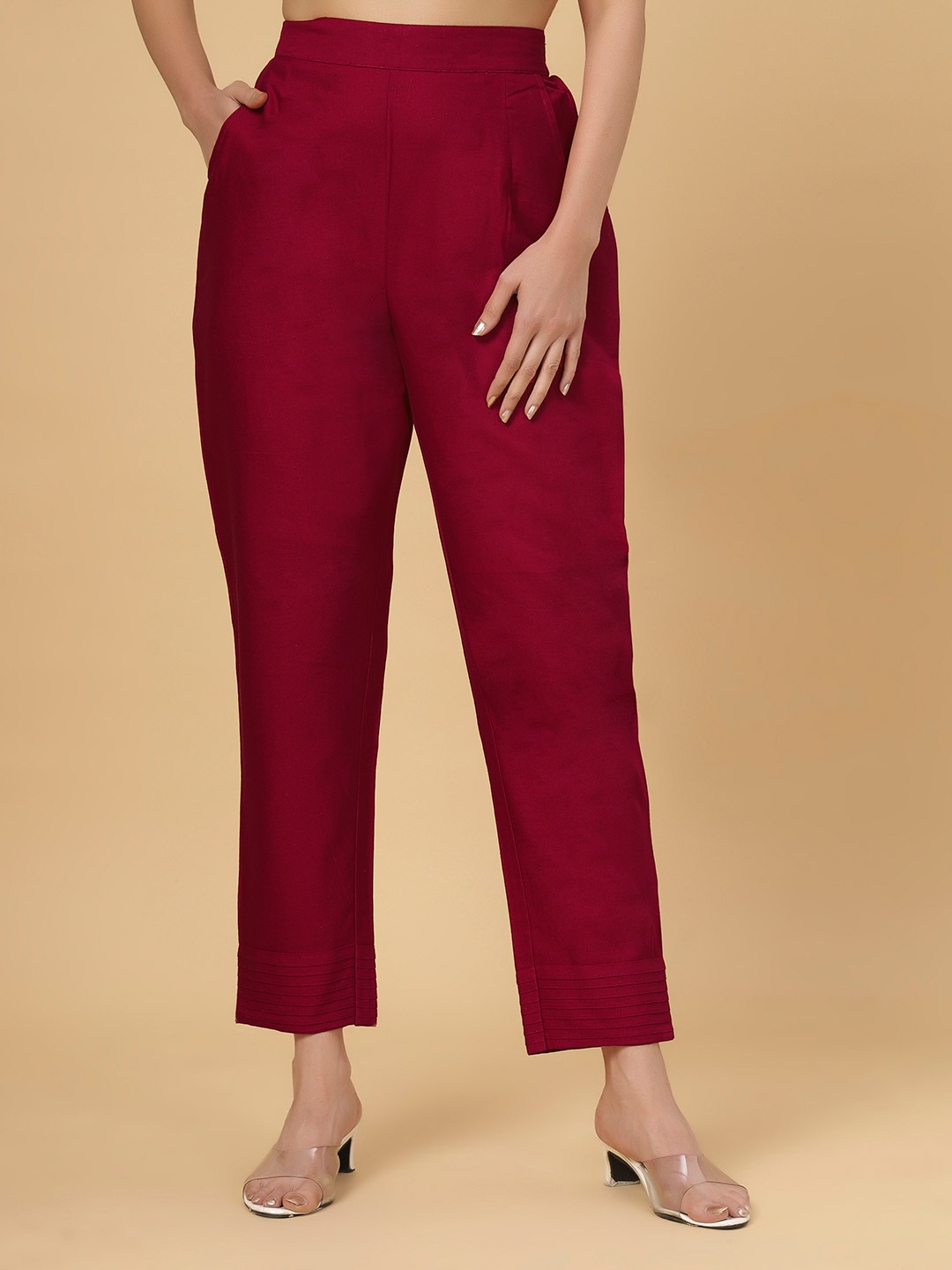 

Bottoms.love Women Mid-Rise Cotton Linen Comfort Straight Fit Trousers, Maroon