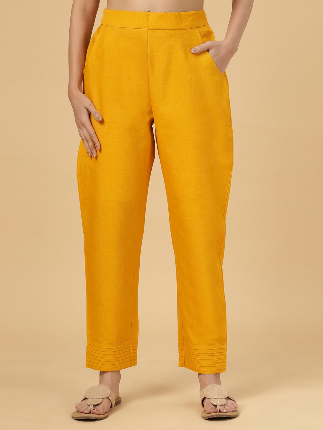 

Bottoms.love Women Comfort Straight Fit Cotton Linen Mid-Rise Trousers, Mustard