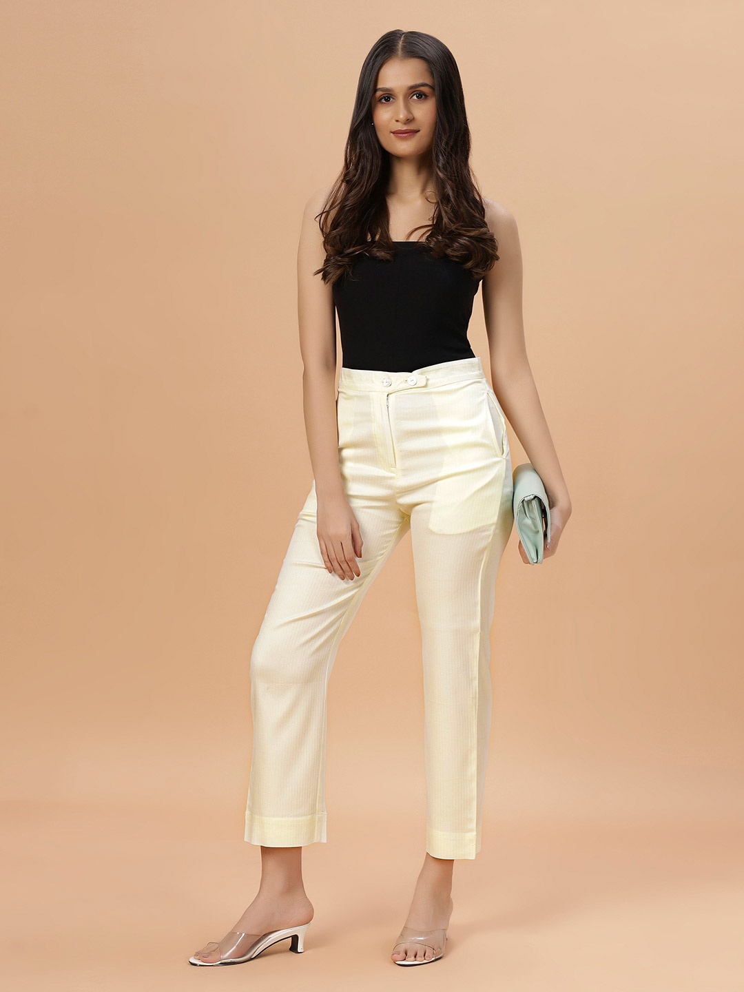 

Bottoms.love Women Textured Smart Plain Formal Trousers, Off white