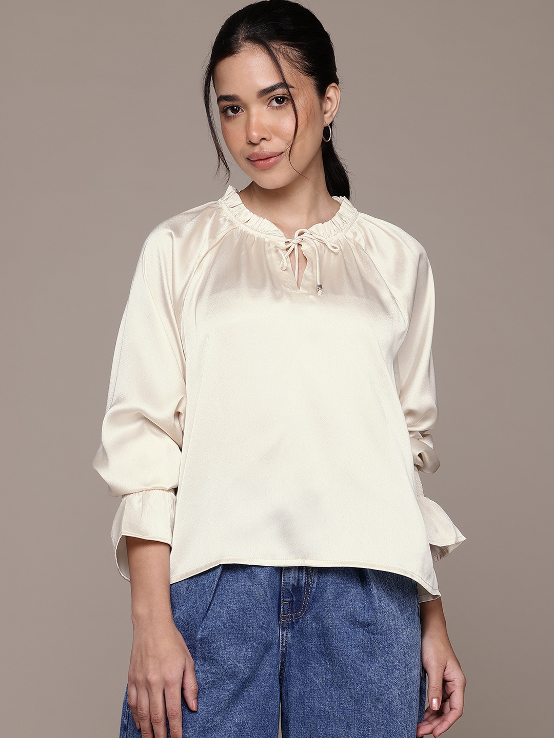 

Nautica Puff Sleeve Tie-Up Top, Beige