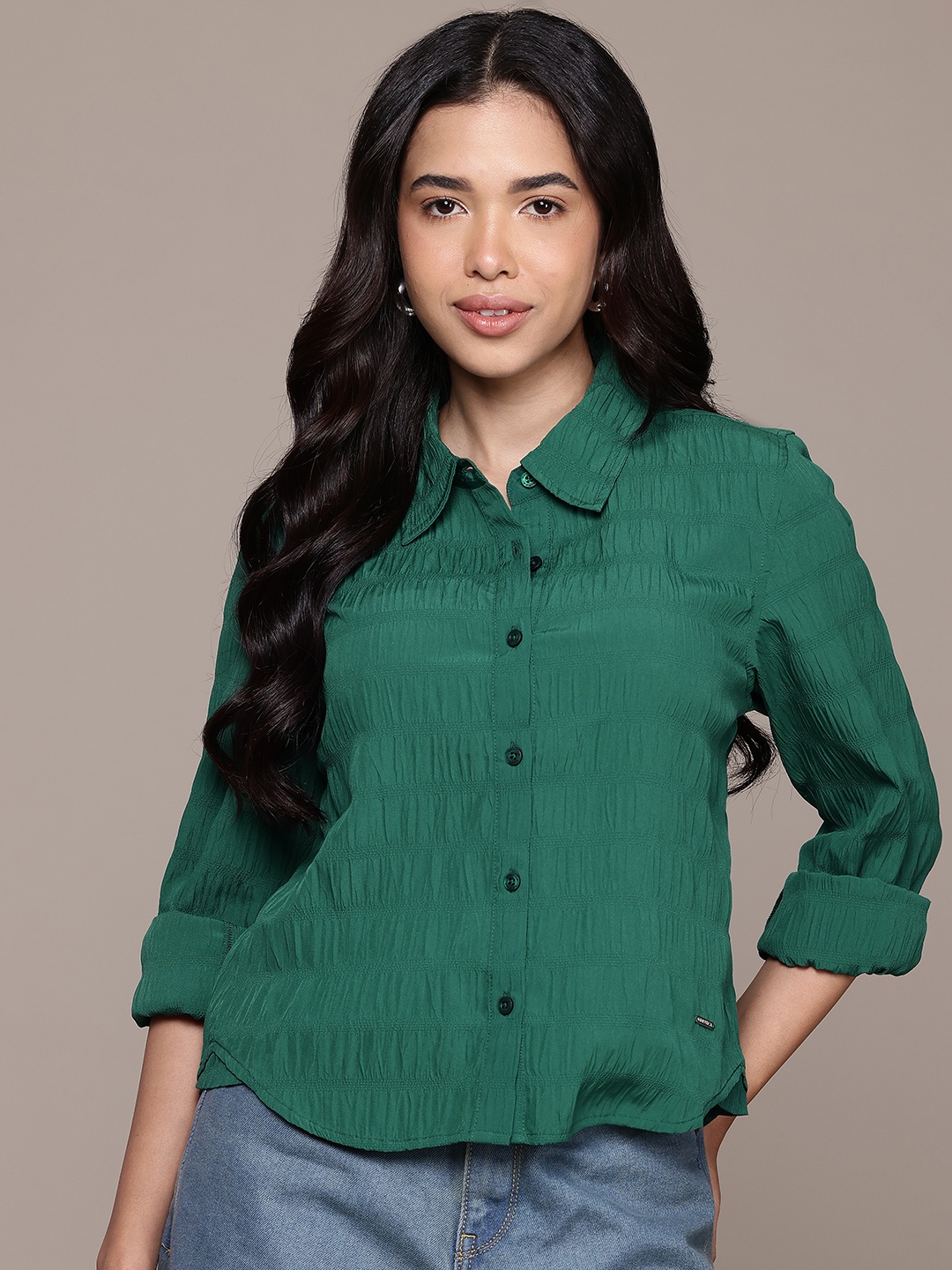 

Nautica Crinkled Effect Self-Striped Casual Shirt, Green