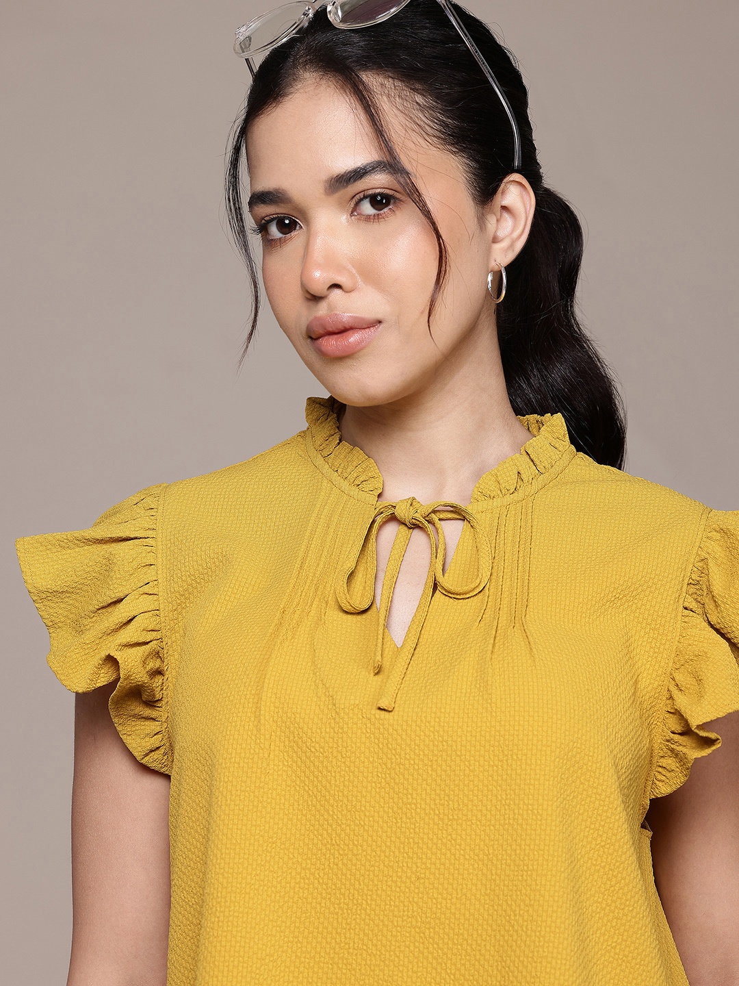 

Nautica Tie-Up Neck Flutter Sleeves Ruffles Top, Mustard