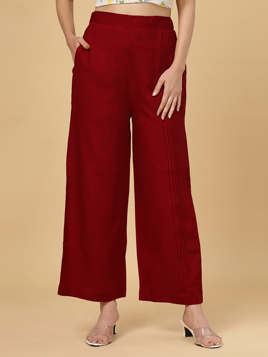 

Bottoms.love Women Solid Relaxed Fit Mid Rise Rayon Wide Leg Palazzos, Maroon
